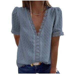 🌸3/$15🌸Gray Deep V-Neck Clot Dot Short Sleeve Blouse with Lace Edges sz M